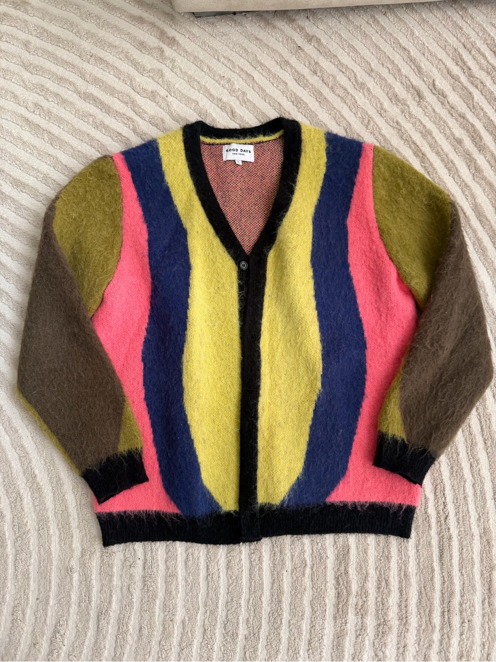 Good Days Mohair Multicolor Striped V-Neck Mohair Cardigan - Pink/Yellow/Blue